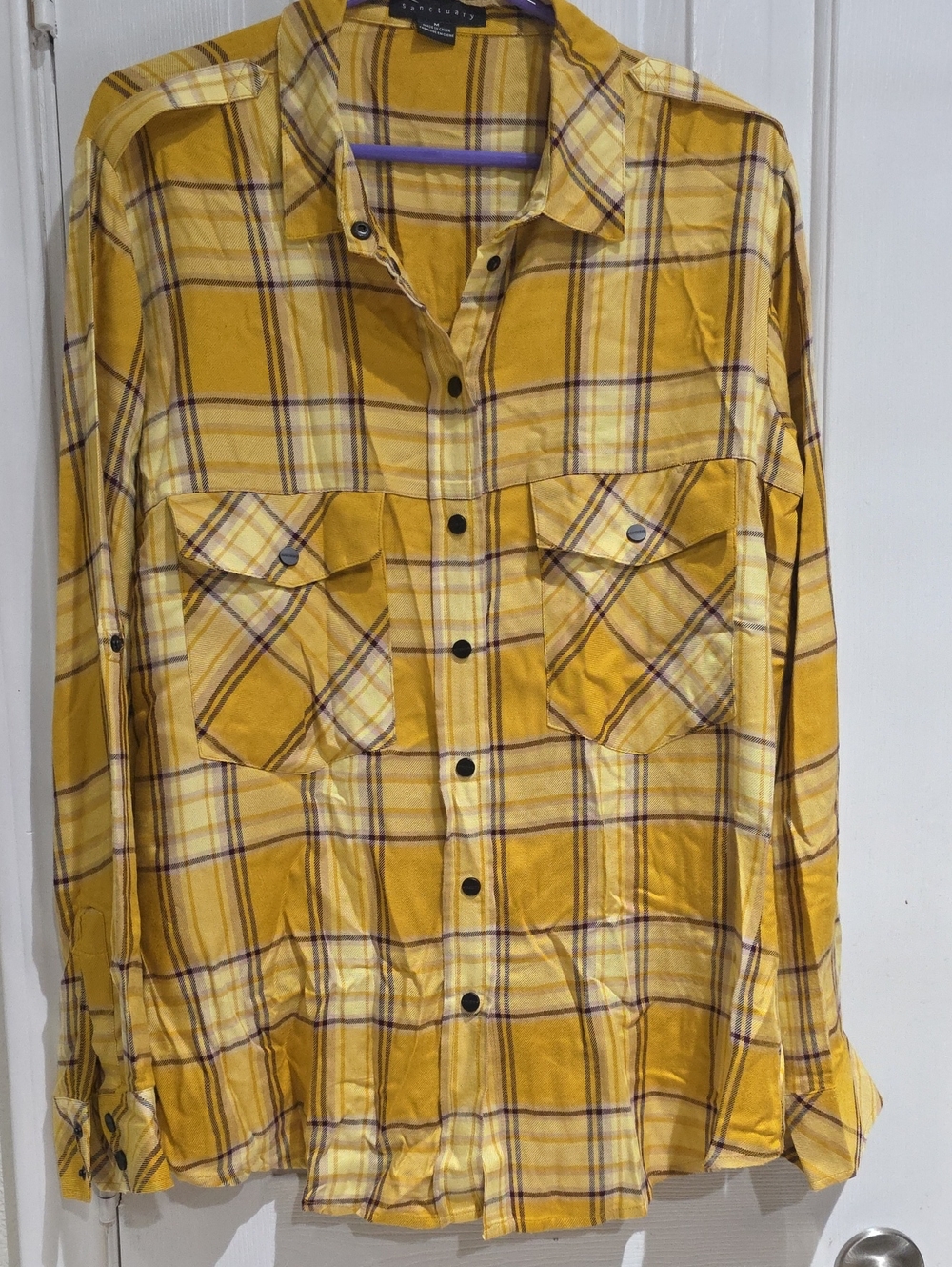 Sanctuary Yellow Plaid Button-Front Shirt - Lightweight Long Sleeve Size M